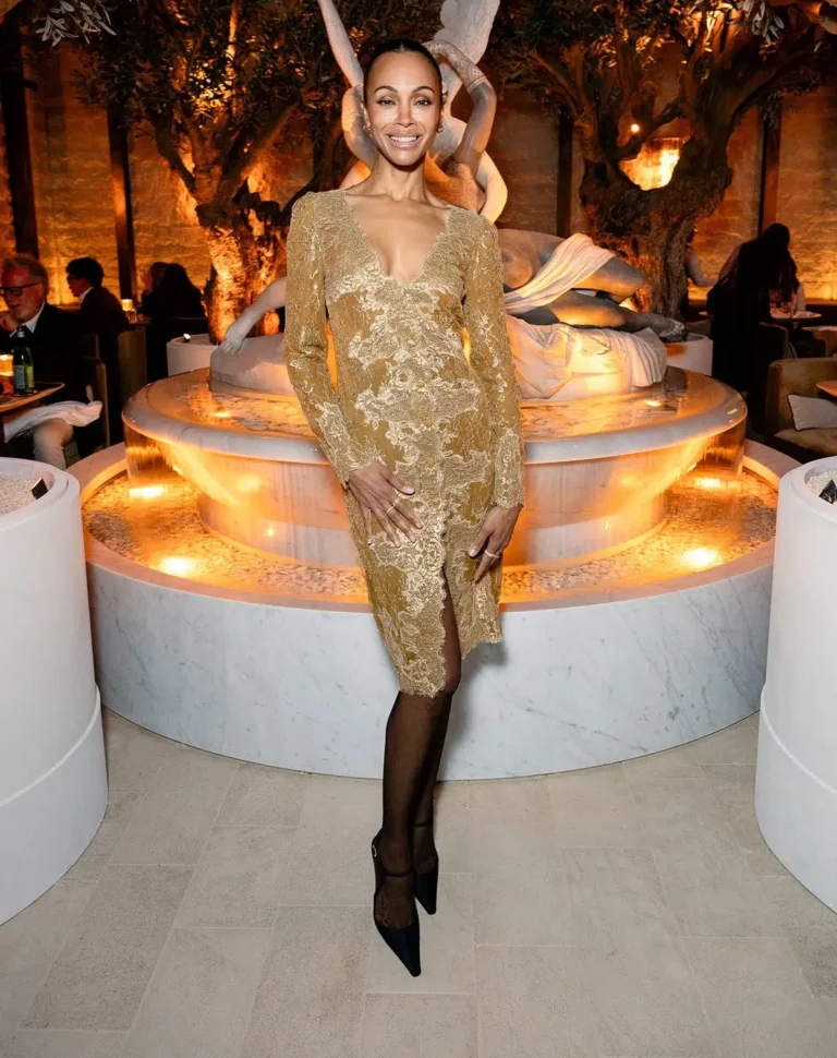 Zoe Saldana Attends RH Milan Gallery Unveiling in Saint Laurent Cassandra Button Lace Dress